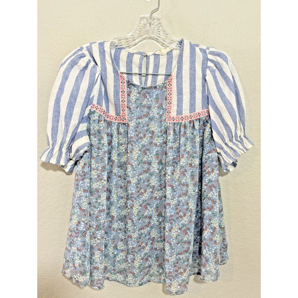 Entro Pink Cream Floral Multi Media Embroidered Puff Sleeve Boho Top S